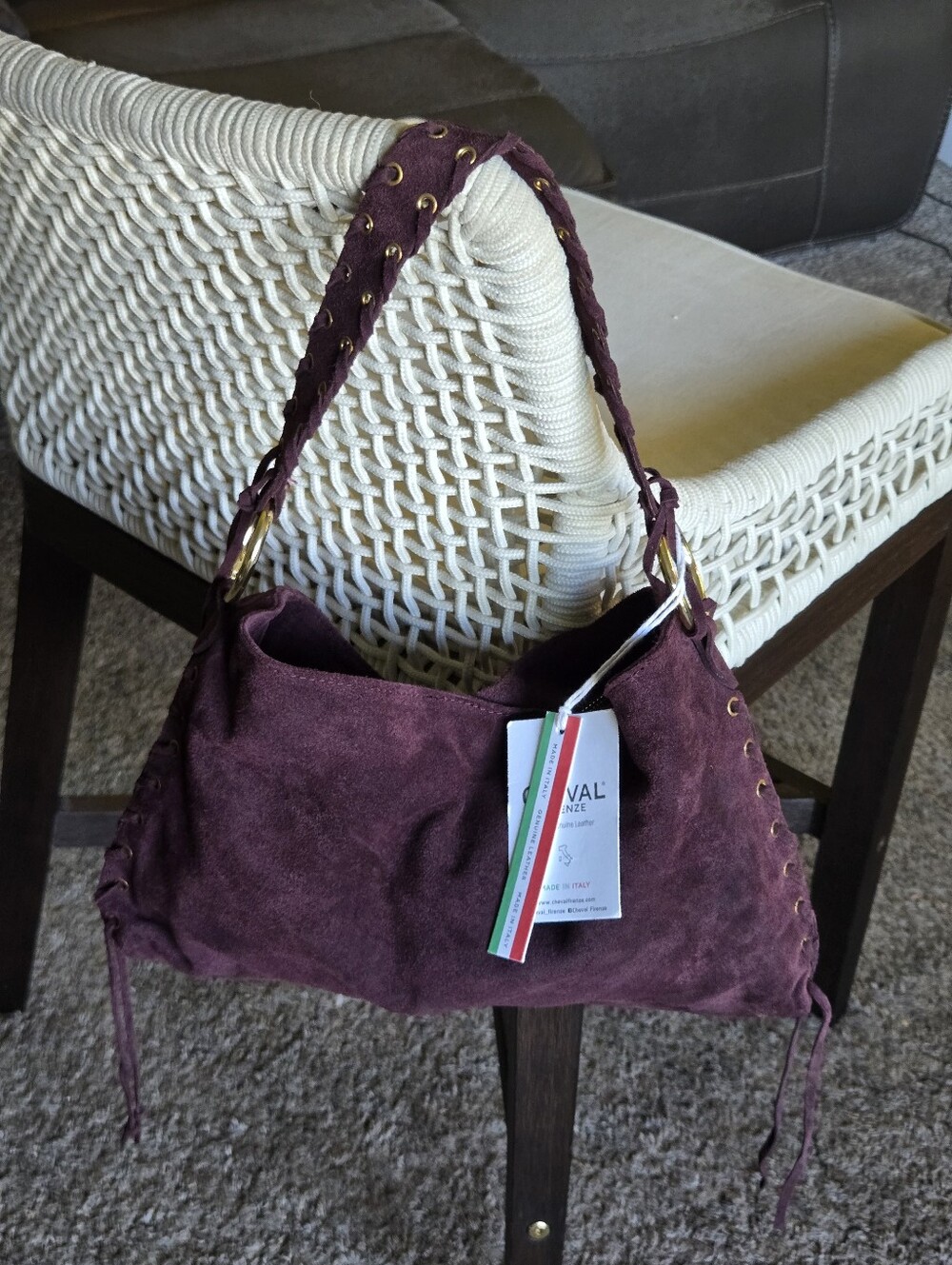 Cheval Firenze Italian Suede Hobo Shoulder Bag Plum / Deep Burgandy
